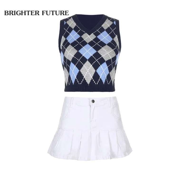 

E-Girl Plaid Women Sweater Vest With Skirt Suit Knitted Y2k Tank Tops V-Neck Casual Cropped Streetwear Vintagewinter Fall Tops
