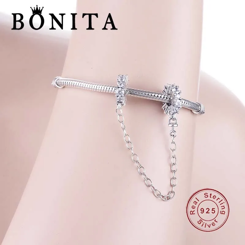 Authentic 925 Sterling Silver Clear Sparkle Safety Chain Charm Fit Original Pan Charms Bracelet DIY Jewelry | Украшения и