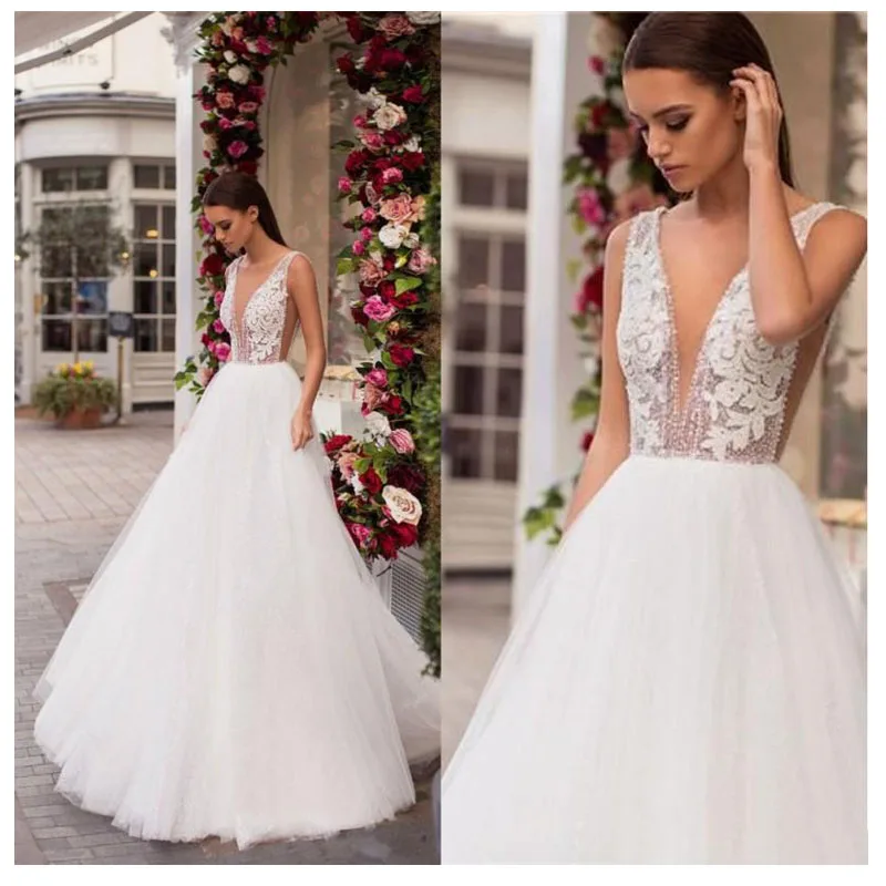 Cheap Wedding Dress 2020 Appliques Lace Bride Dresses Sexy Deep V Neck Bridal Gowns | Свадьбы и торжества