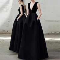 2020 black long satin evening dresses evening gowns v neck top velvet girls party dress vintage prom gowns robe de soriee