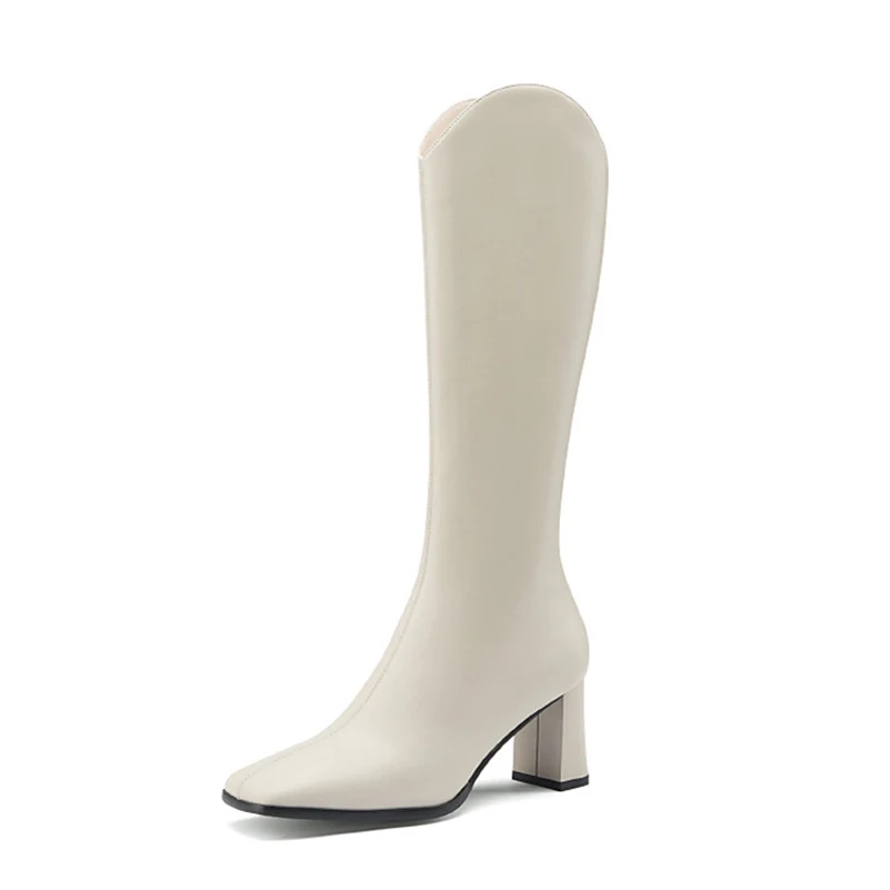 

Meotina High Heel Western Boots Woman Thick Heel Knee High Boots Zip Square Toe Long Boots Ladies Shoes Autumn Winter Beige 40