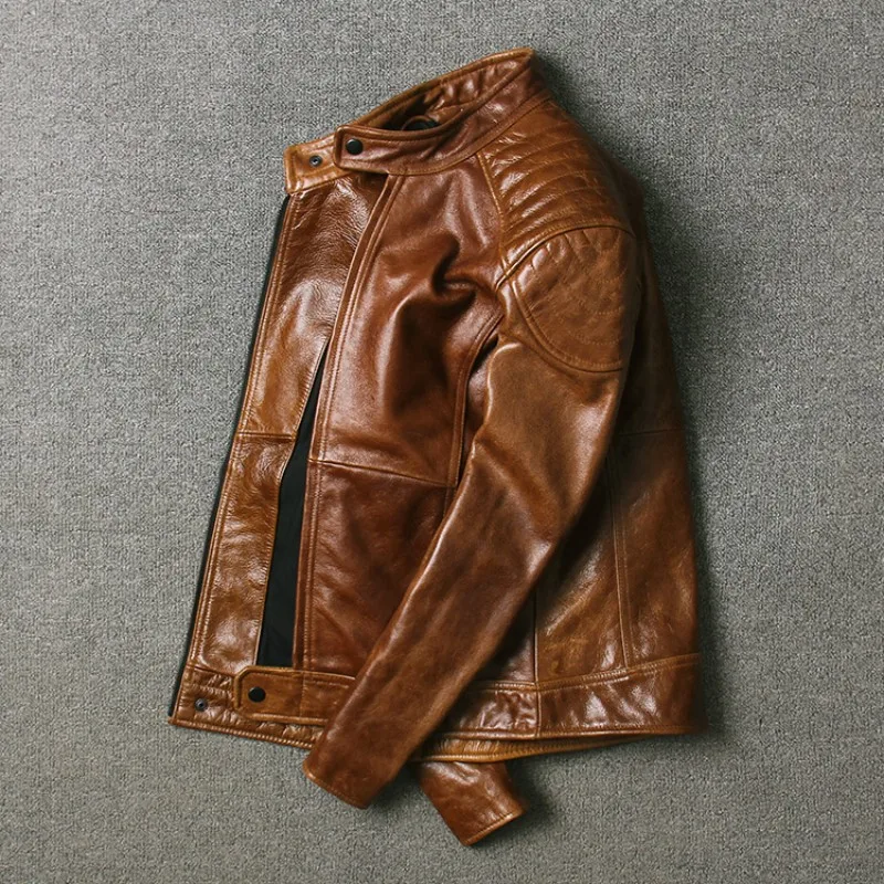

Men Luxury Brown Genuine Cow Leather Jackets Vintage Fashion Motorcycle Biker Slim Stand Collar Cowskin Real Leather Short Coats