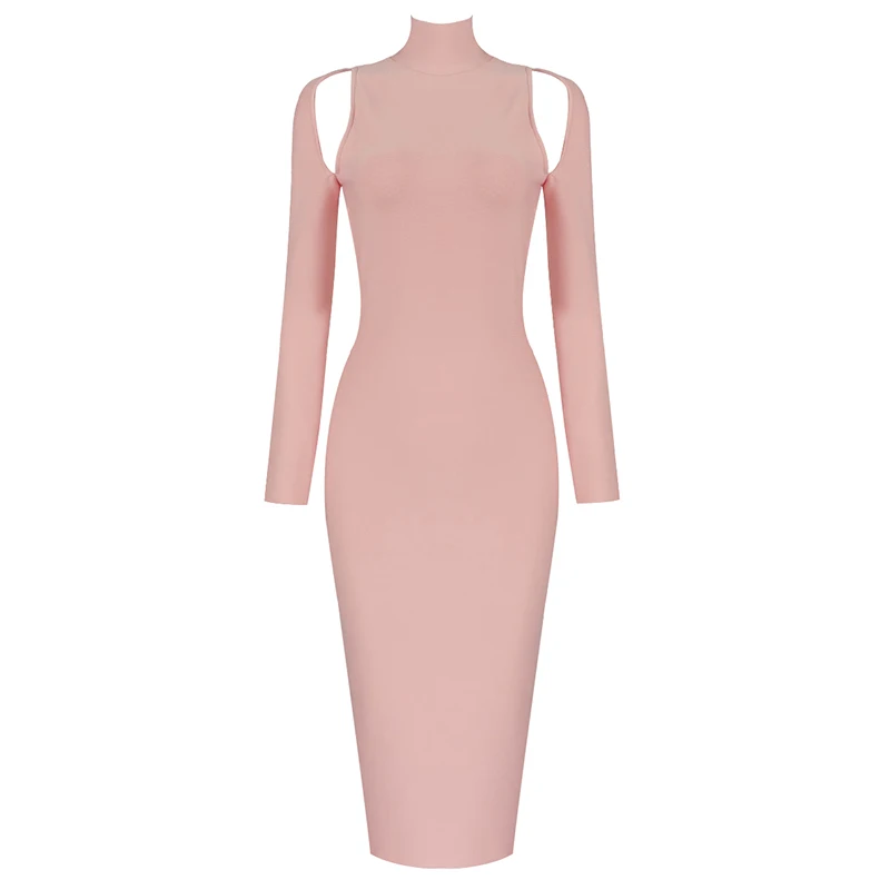 

Pure Color High Neck Sexy Long Sleeve Hollow Open Back Bandage Dress Women Fashion Catwalk Dress 2020 Autumn And Winter New