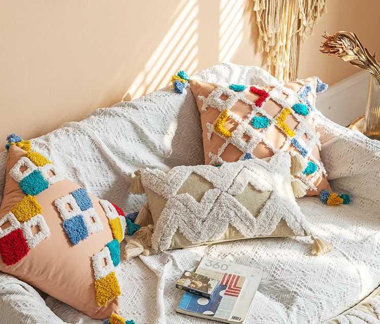 

Наволочка в стиле бохо для подушки, украшение ручной работы, наволочка цвета розовой слоновой кости, 45x45 см/30x50 см, для дивана, кровати, со стразами, зигзаг