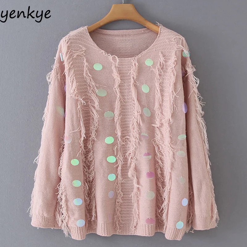 2019 Women Lazy-Style Sequin Knitted Sweater Female Round Neck Long Sleeve Tassel Pullover Autumn Plus Size jumper | Женская одежда