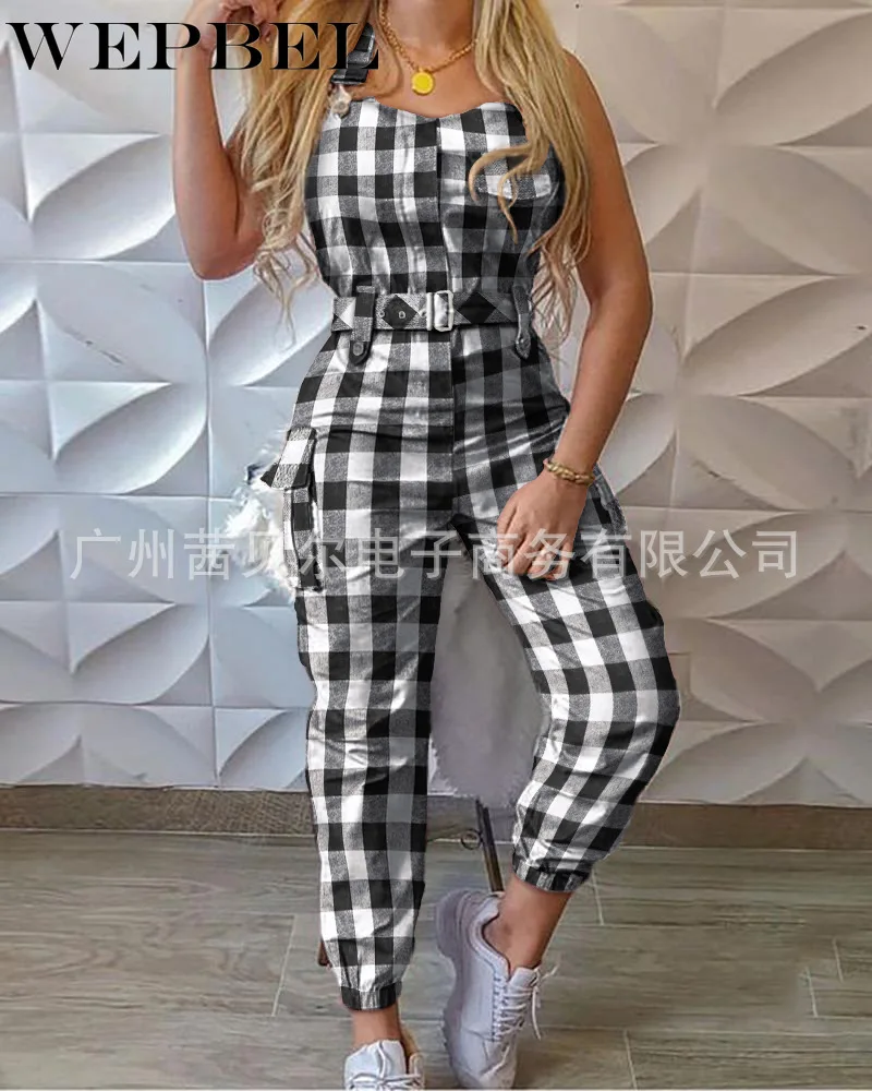 

WEPBEL Womens Plaid Long Jumpsuit Dungaree Plus Size Harem Pants Strap Playsuit Casual Overalls Ladies Romper