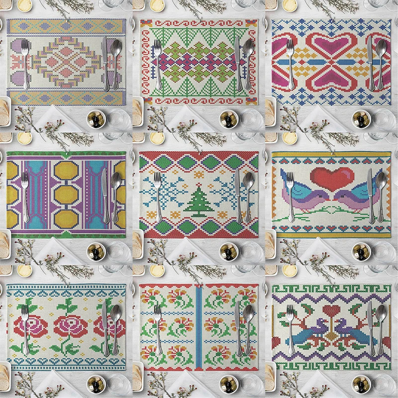 Льняная подстилка с геометрическим рисунком тропических растений цветов птиц