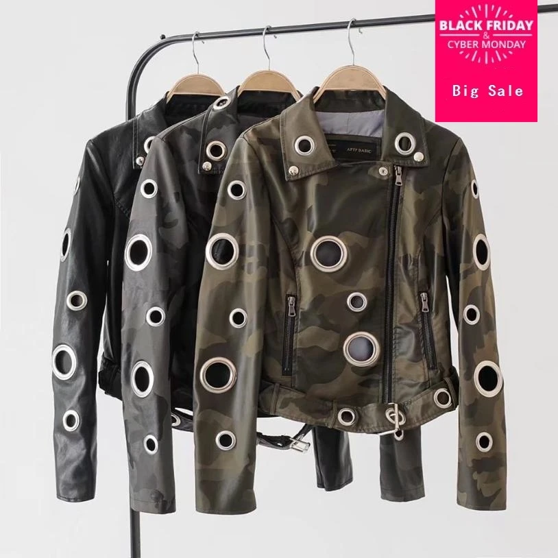 2018 Осенняя модная камуфляжная армейская зеленая куртка из искусственной кожи с