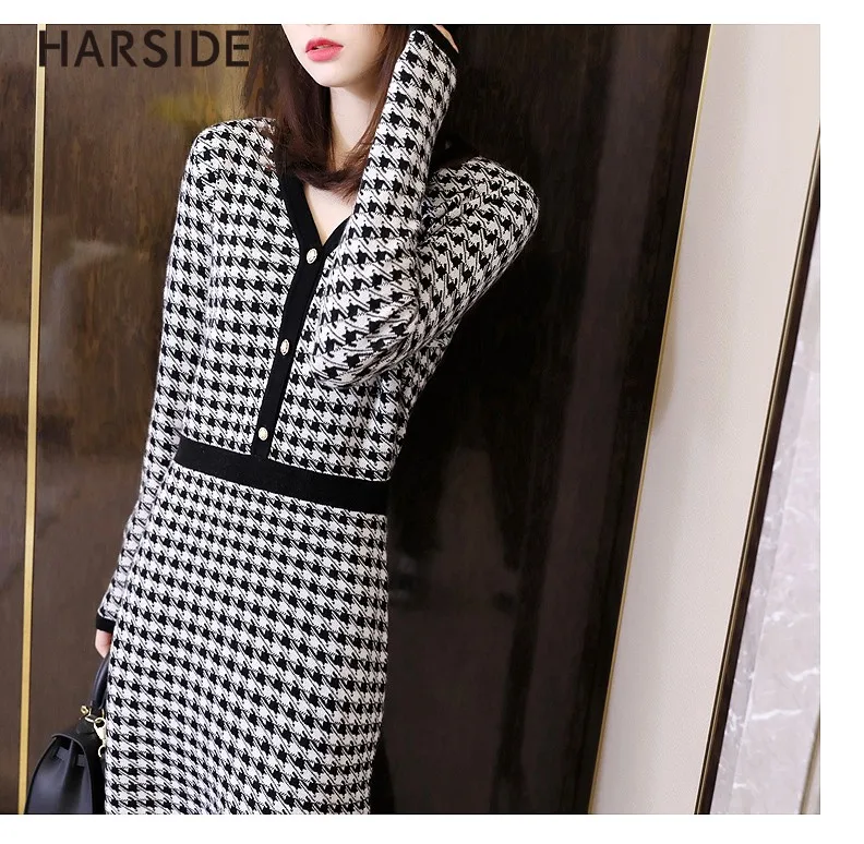 

Women's dress 2020 fall new houndstooth waist slimming dress V-neck over-the-knee wool exquisite French skirt