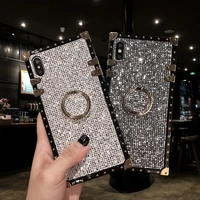 luxury rhinestone shiny phone case for huawei p40 pro plus p30 lite p20 soft tpu square back cover with ring bracket