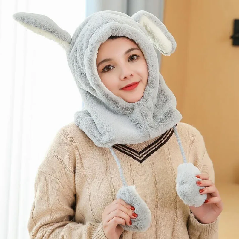 Зимняя Толстая шапка для девочек шарф капюшон с заячьими ушками милые теплые