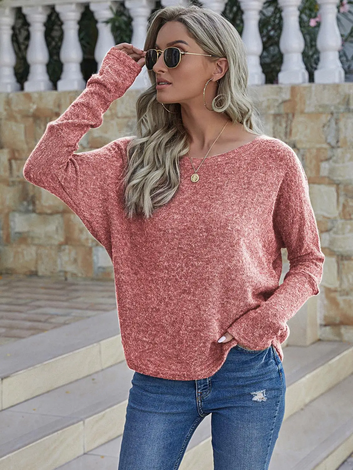 

Nice Spring Autumn Solid T-shirt Woman Long Sleeve Sweater Casual Loose Slash neck Elegant Female Goethe Chic Knit Basic Tops