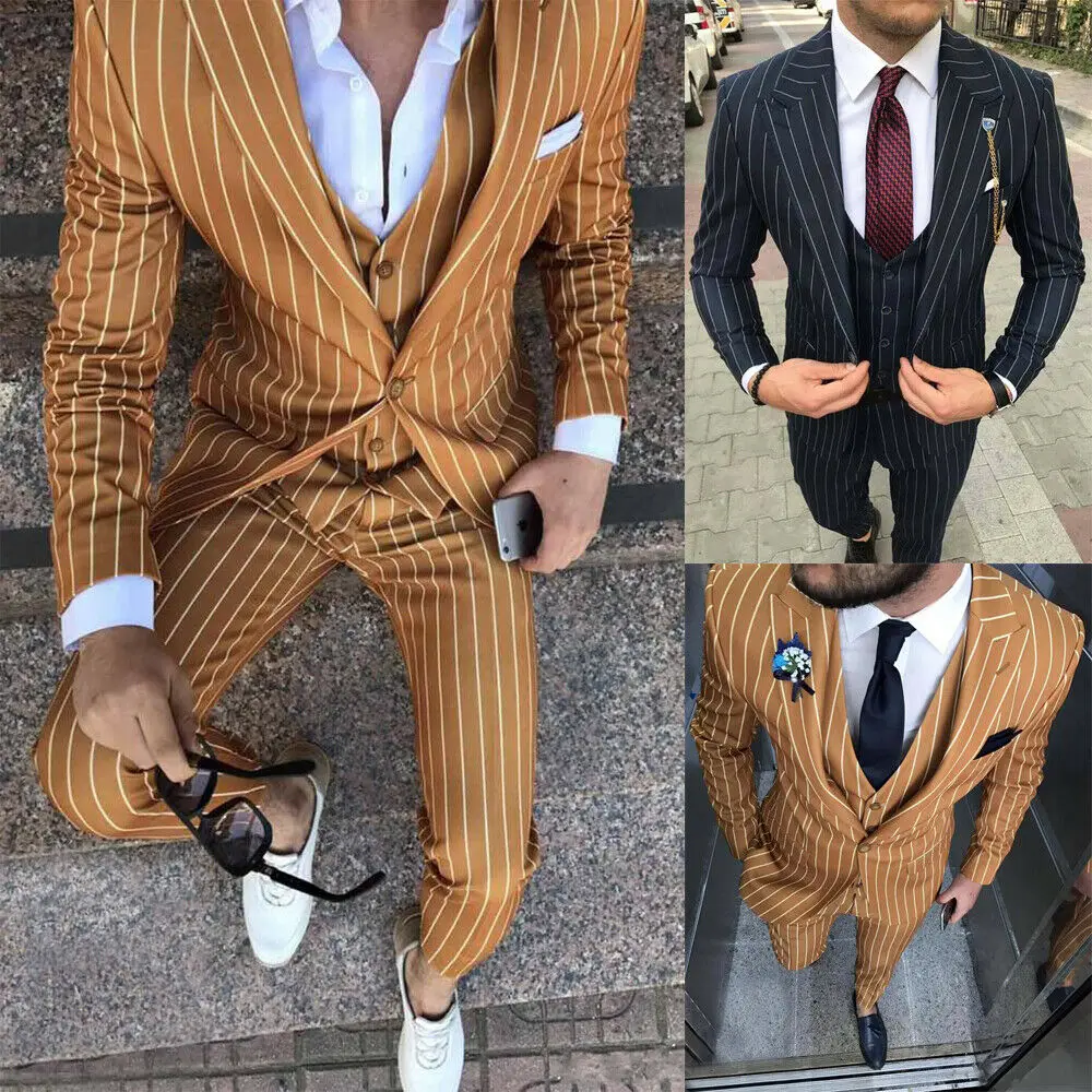 

Men's Suit 2023 New Fashion Groom Wedding Dress High-end Party Business Beige Striped Slim Suit 3 Piece Set (coat+ Vest+ Pants)