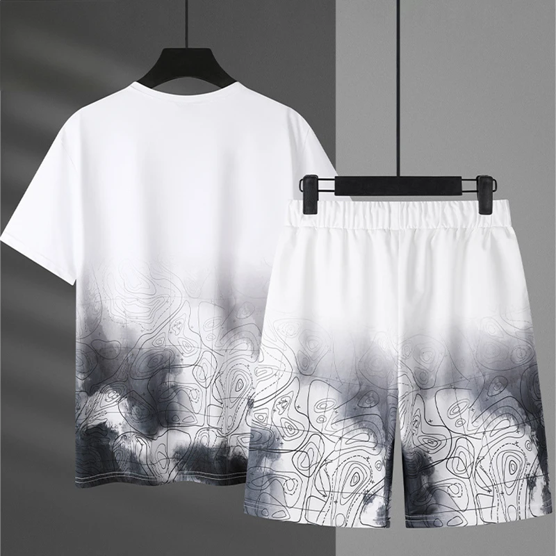 

Mens Shorts Set Summer Two Pieces Set Breathable Casual T shirt + Shorts Sports Set Fashion Harajuku Printed Men Sweatsuit 7XL
