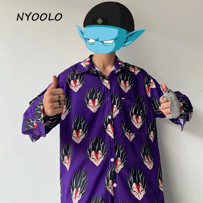 NYOOLO Харадзюку Стиль Уличная мультфильм Стрекоза Вегета печати рубашка осень Свободная рубашка с длинным рукавом Женская Мужская одежда Топ