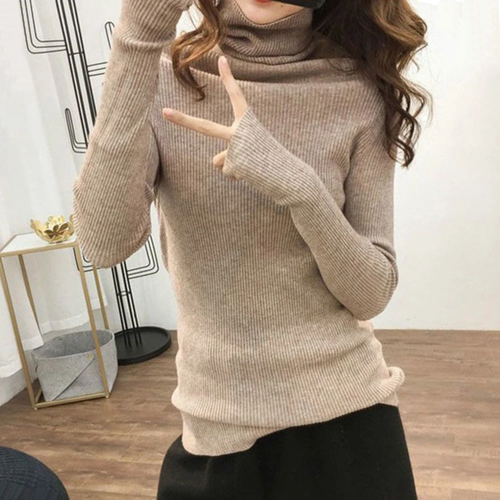 

Простой облегающий женский свитер, вязаный пуловер с высоким воротником и длинными рукавами, модная осенне-зимняя женская одежда, топы для ...