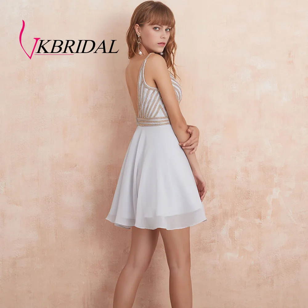 VKBRIDAL сексуальное короткое платье с v-образным вырезом для выпускного вечера Новое шифоновое бисерное милое платье с v-образным вырезом сзади