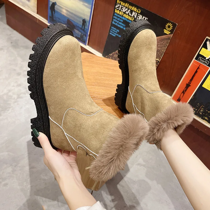 

Ботинки Lolita со шнуровкой-Женская обувь плюшевая зимняя обувь с круглым носком австралийская обувь 2021 на среднем каблуке с мехом и резиновой...