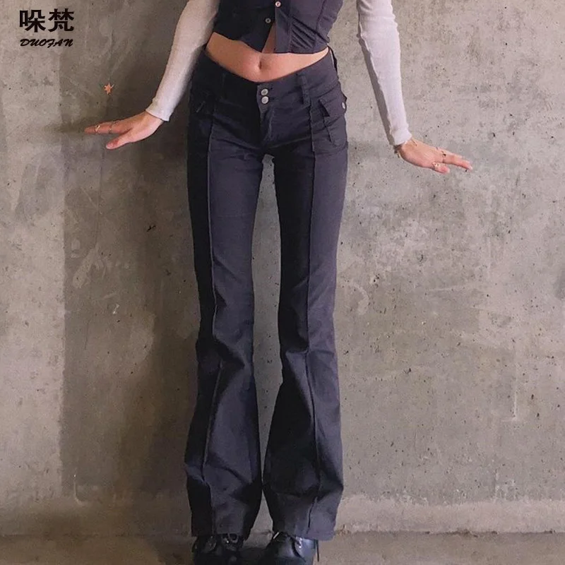 

DUOFAN Woman High Waisted Flared Jeans Vintage Y2K Denim Pants Streetwear Harajuku Patchwork Capris Female Joggers Trousers