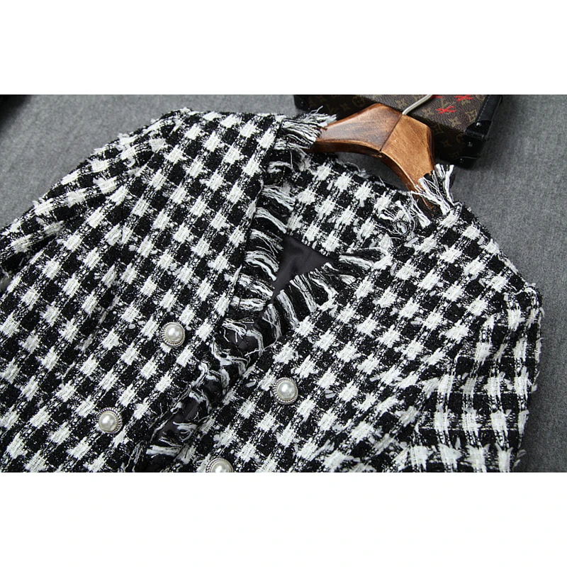 Высокое качество Новый Стильный Осень Зима 2019 дизайнерский костюм набор женский клетчатый твидовый пиджак