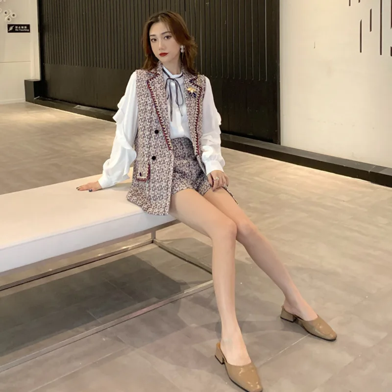 

2020 autumn winter two piece set Women Shorts Set Women tweed coat + stacked pants 2 piece sets womens outfits clothes crop top
