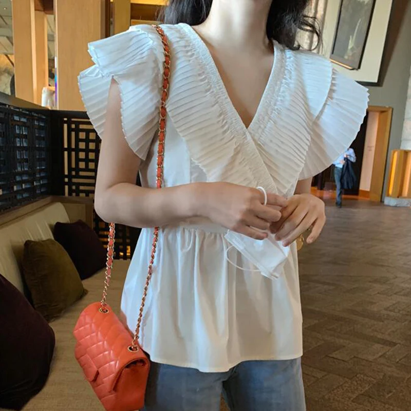 

ZAWAHIKI Korean Chic Elegant Women's Shirt Summer V Neck Flying Sleeve Pleated Design Slim Waist Ruffles Tops Solid Blouse