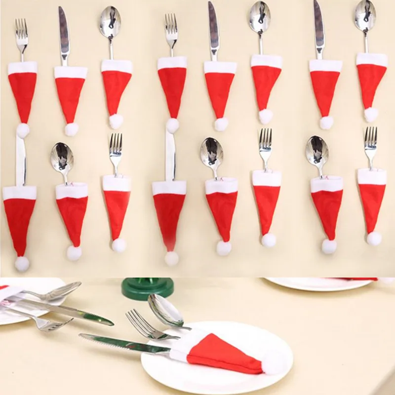 Милый Санта Клаус шляпа карман для столовых приборов рождественские столовые