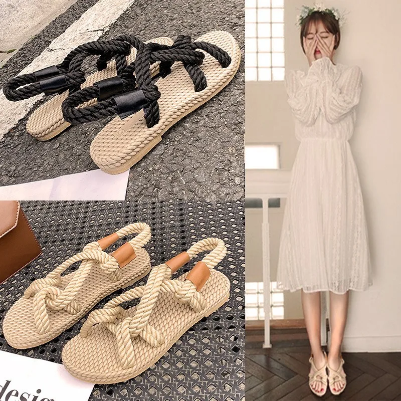 

Women's Sandals Beach Shoes 2020 Spring and Summer Flat Bottom Handmade Comfortable Retro Rope Knit Shoes Cross Rope Sandals
