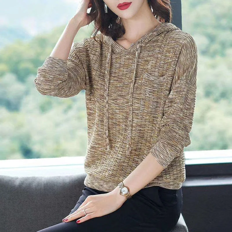 Женский пуловер с капюшоном повседневный ажурный джемпер длинными рукавами