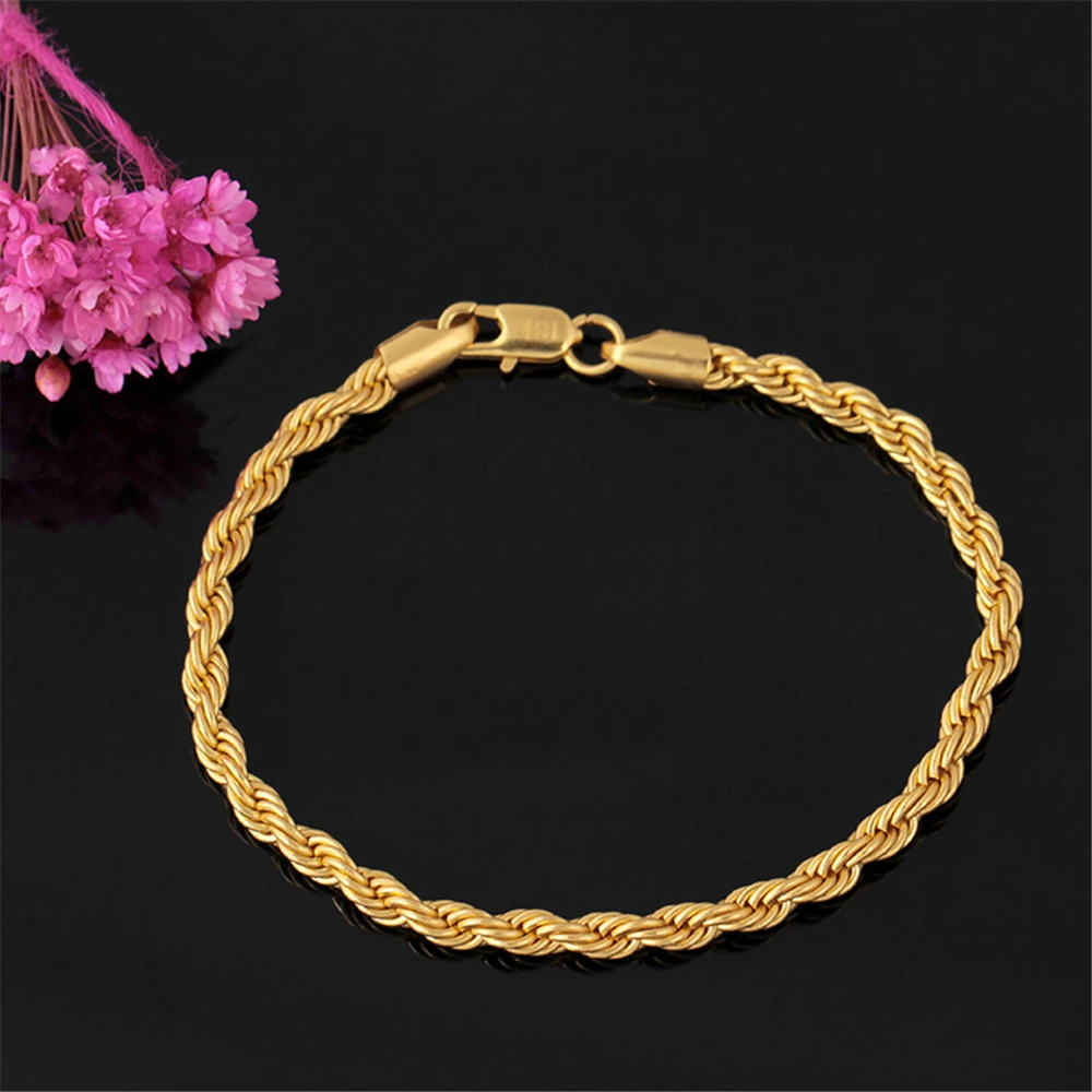 18K Gold Plated Jewelry Sets For Man Women 4mm Twisted Chain Necklace & Bracelet 2 pcs Jewellery Set Accessories Bijoux Gifts - купить по