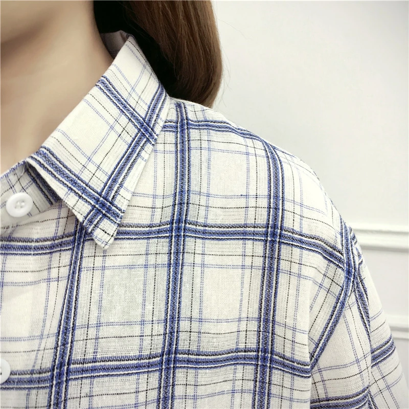 

Girl Women Summer Retro All-match Loose Concise Personality Plaid Long Sleeve Botton Dot Shirts