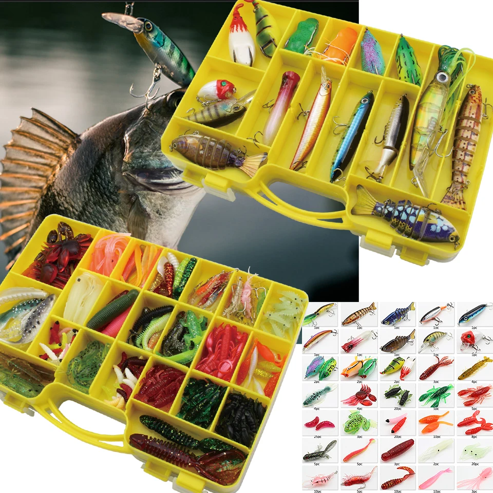 200pc Various lures and Double fishing box set Minnow Hard Baits Frog Stick Shrimp soft bait Artificial rubber trout lure set