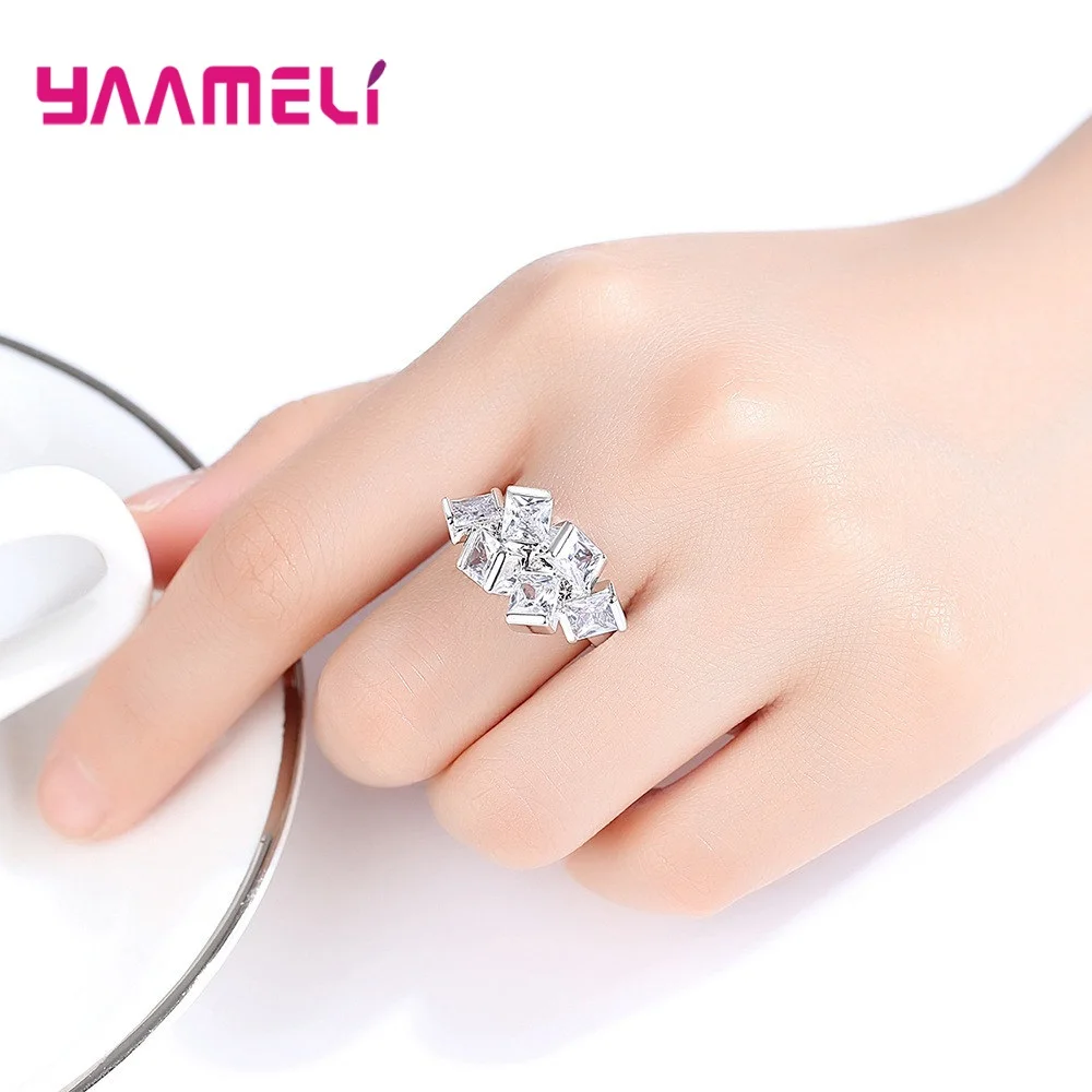 Настоящее 925 пробы серебряные кольца блестящие прозрачные кубический цирконий