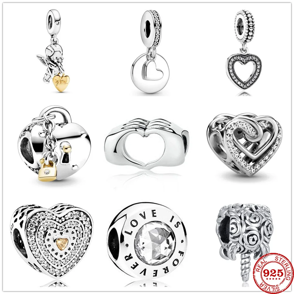 

New 925 Sterling Silver Love Angel Heart Forever Pendant White Zirconia DIY fine beads Charm Fit Original Pandora Charm Bracelet