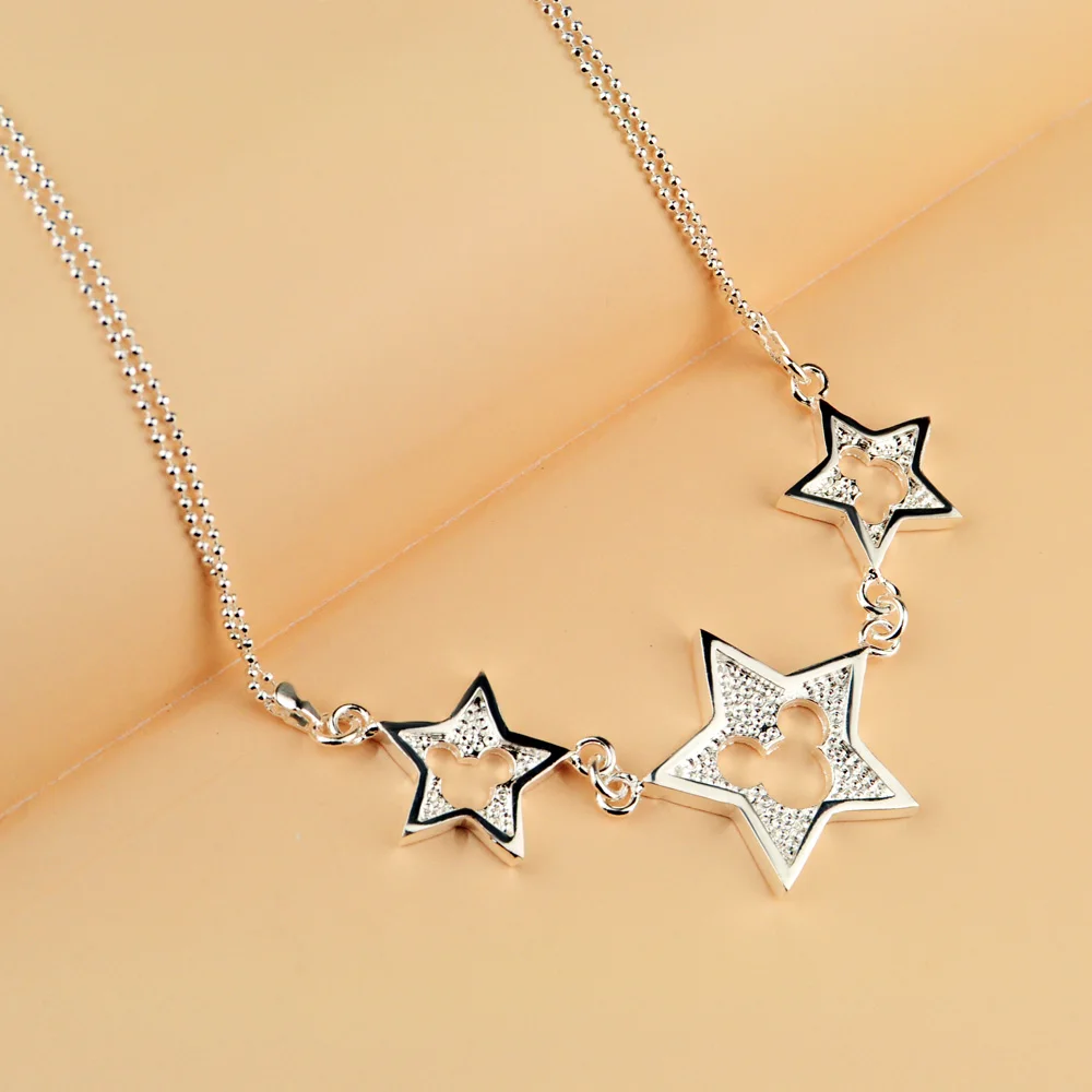 

Fashion Women's Sterling Silver Necklace Charm Jewelry Star Pendant Design Bead Chain 48CM Size Chokers Necklaces Birthday Gift