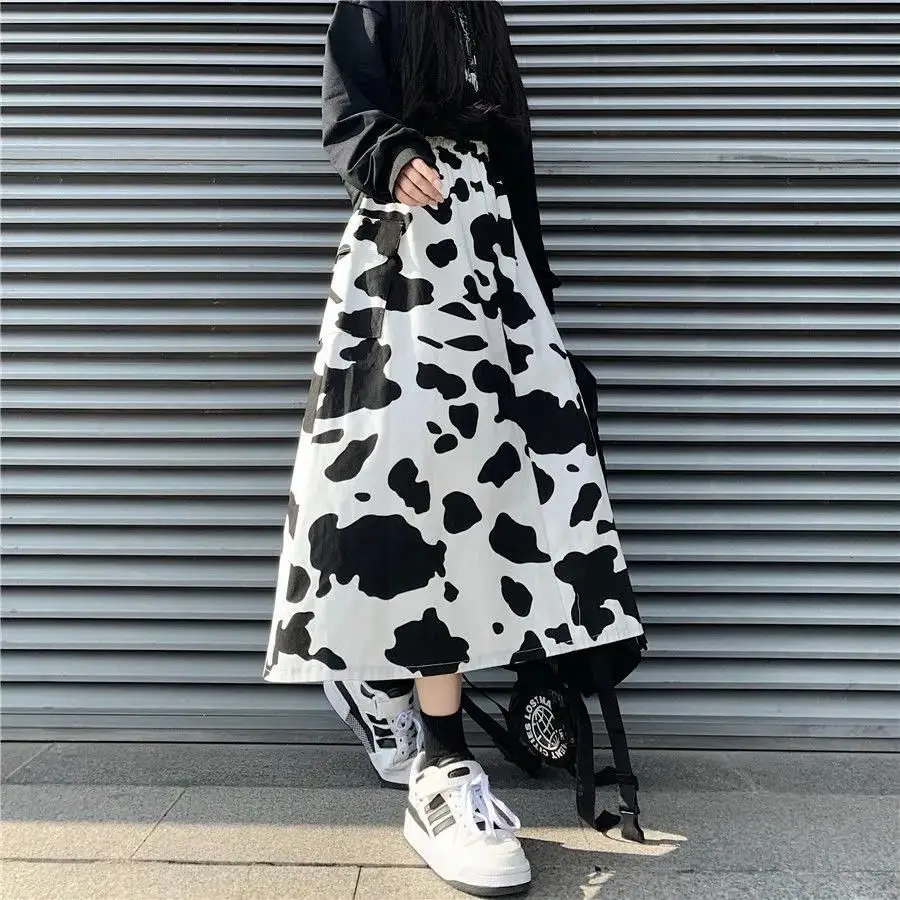 High Waist Cows Print A-line Pleated Long Skirts Summer Women Korean Skirt Streetwear Elastic Waist Midi Skirt