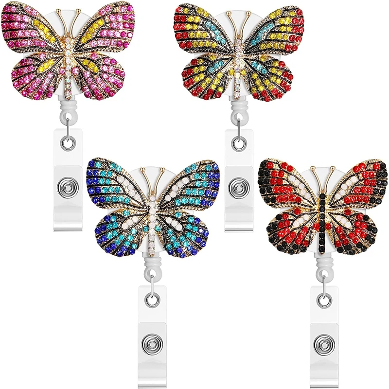 

4Pcs Butterfly Badge Reels Retractable Rhinestone Badge Holders Name Tag Holder Reels For Nurses Decoration Supplies