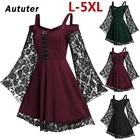 Женское готическое мини-платье в стиле стимпанк, модное кружевное короткое платье с расклешенным рукавом и v-образным вырезом на шнуровке, свободное платье размера плюс # A3