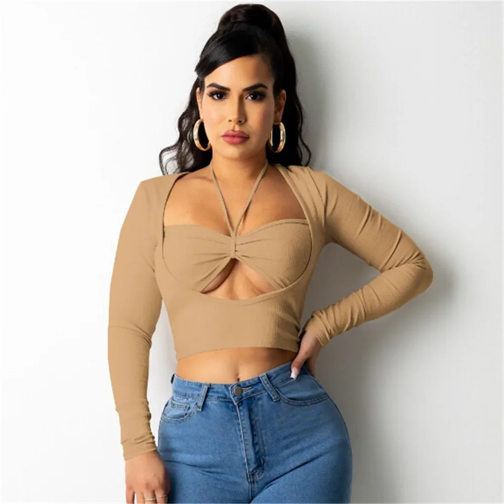 

Women Sexy Ribbed Hollow Out T Shirt Solid Color Tie-Up Square Collar Long Sleeve Slim Fit Crop Tops Spring Autumn Blouse 2021