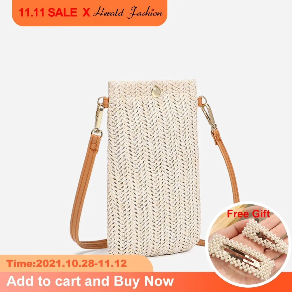 

Модная сумка из плетеной соломы, сумки через плечо для женщин, все-матч через плечо женские летние пляжные сумки на плечо мобильный телефон ...