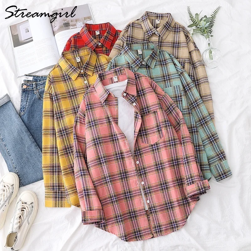 

Oversized Vintage Plaid Shirts For Women 2021 Spring Casual Plaid Blouse With One Pocket Loose Tops Female Long Sleeve Shirt