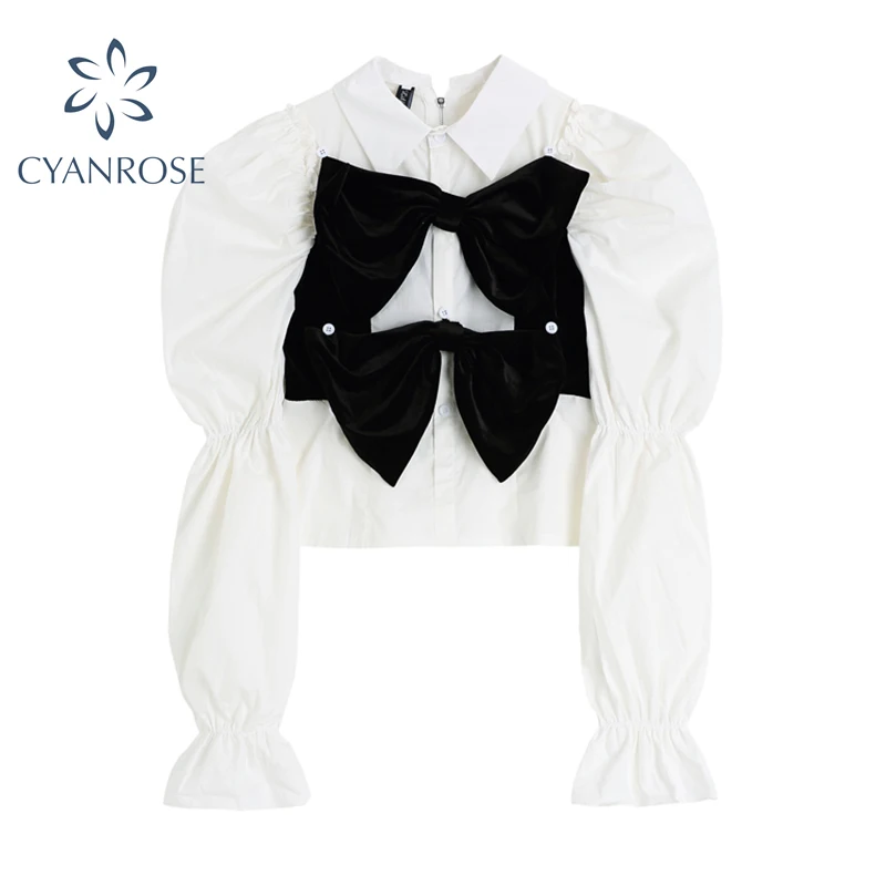 

Женский винтажный укороченный топ с длинными рукавами-фонариками, элегантная яркая рубашка контрастных цветов с бантом на осень, 2021