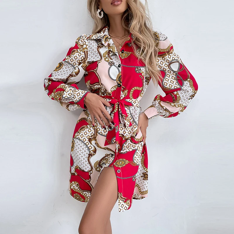 

Spring Autumn Fashion Sexy Slit Party Dress Women Vintage Chain Pattern Print Shirt Dress Elegant Turn-down Collar Button Dress