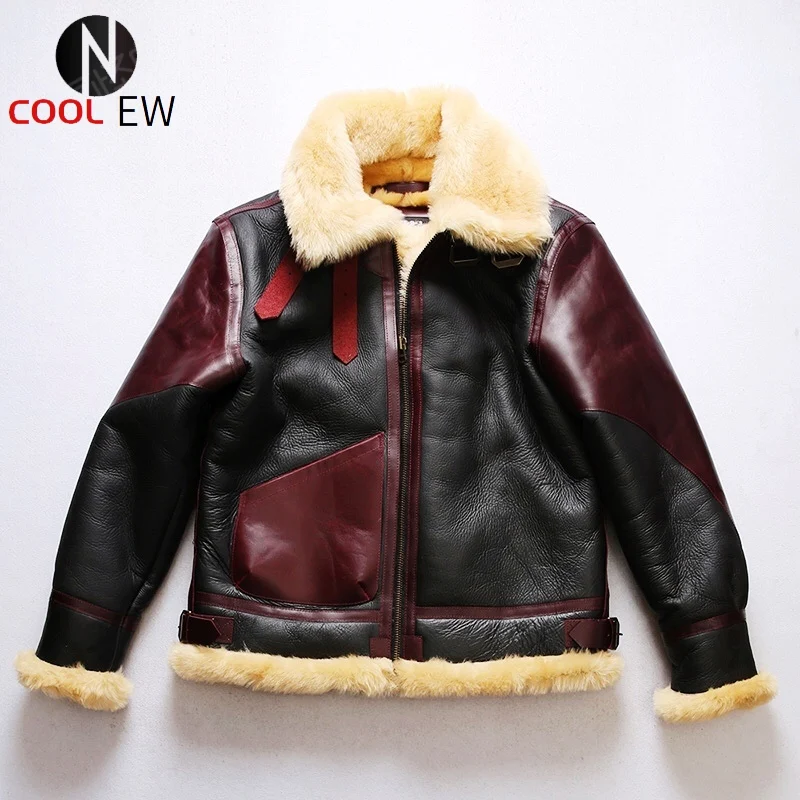 

AVB3 European US Size High Quality Super Warm Genuine Sheep Leather Coat Mens Big B3 Shearling Bomber Military Fur Jacket