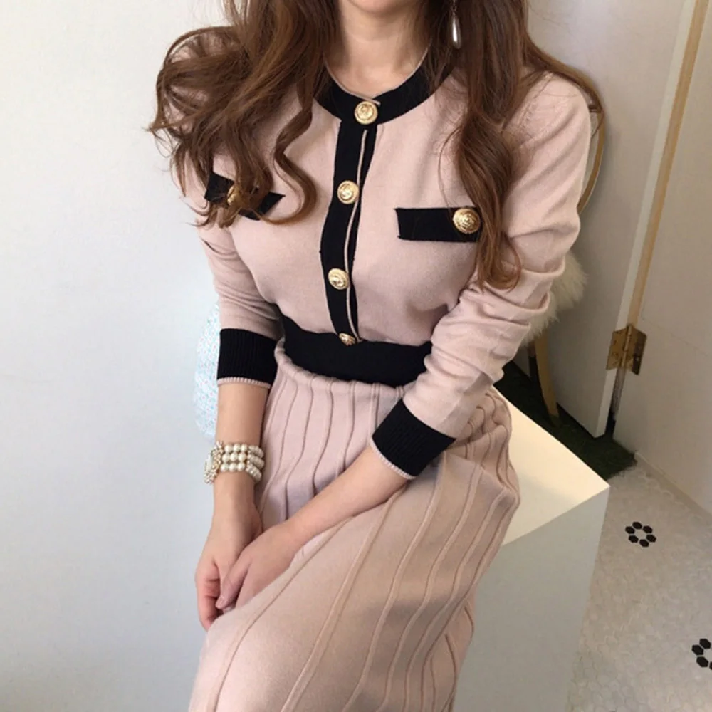 

Women's Knitted Dress Korean Female Fashion 2021 Plain Feminine Clothes Autumn Winter Thin Long Skirt Button Small Fragrance
