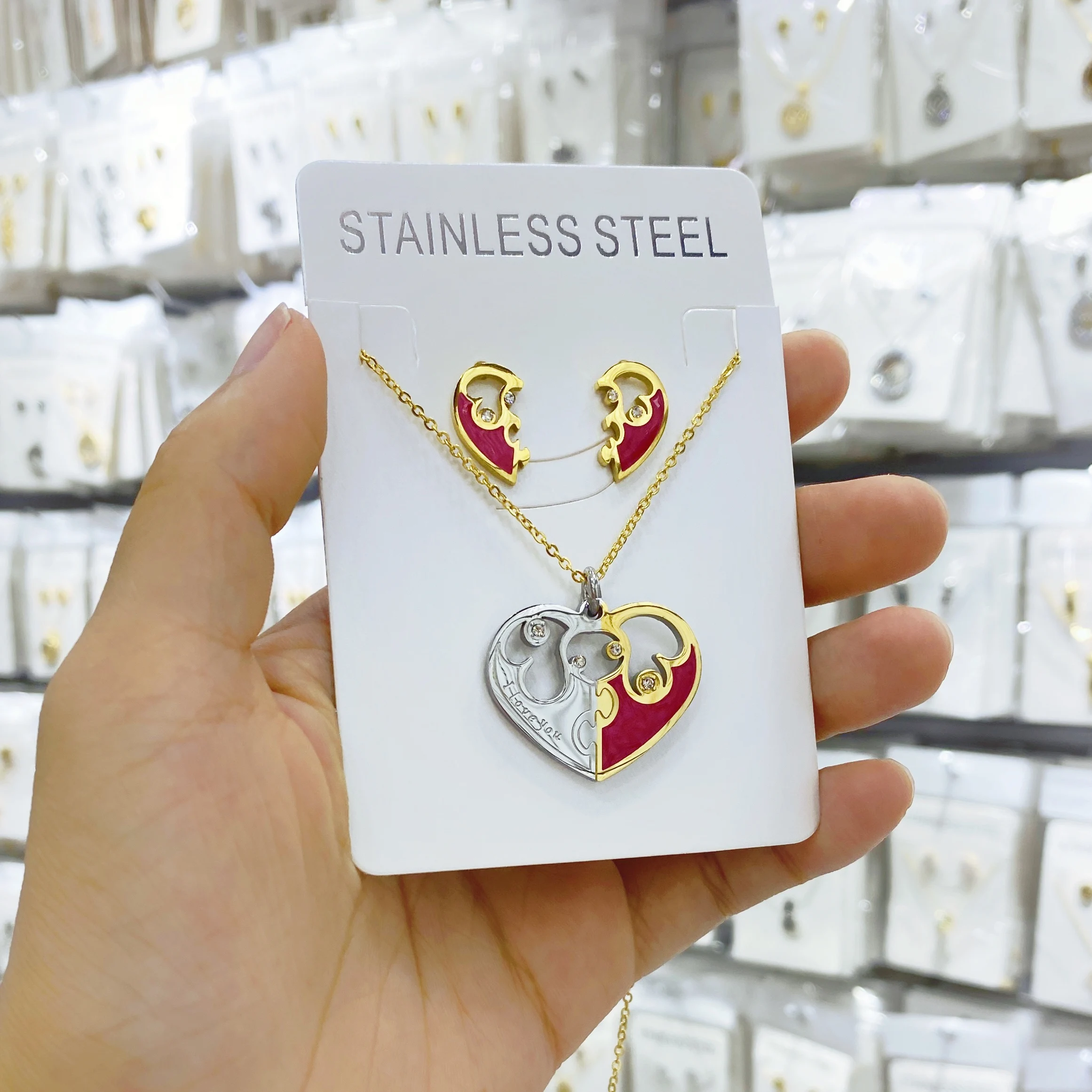 

Stainless steel necklace earrings set with fiery heart pendant necklace as a gift for love confession