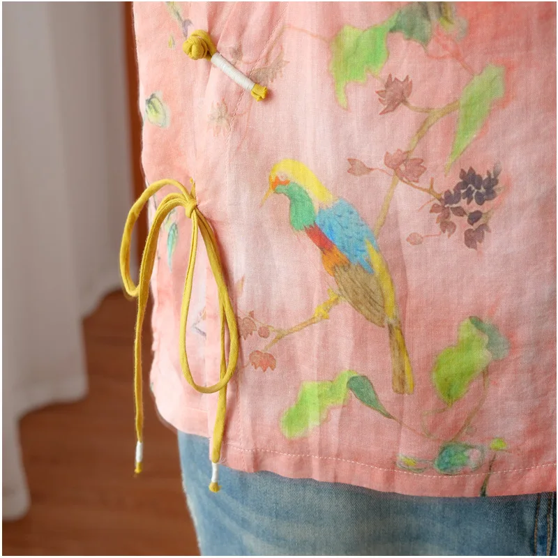 

Johnature Summer Vintage Floral Print Loose Plate Button Women Tops 2021 New V-neck Short Sleeve Tie Female Shirts