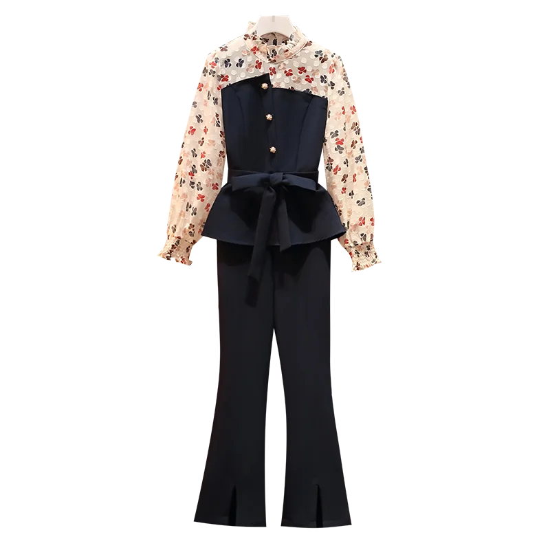 

Женский комплект большого размера, новинка весны 2021, Лоскутная рубашка с цветочным принтом и черные брюки, пальто, одежда из 2 предметов, оде...