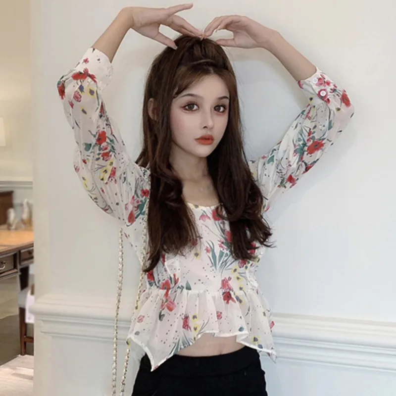 

Women's Fashion Floral Square Collar Sexy Sweet Long Sleeve Shirt Blouses