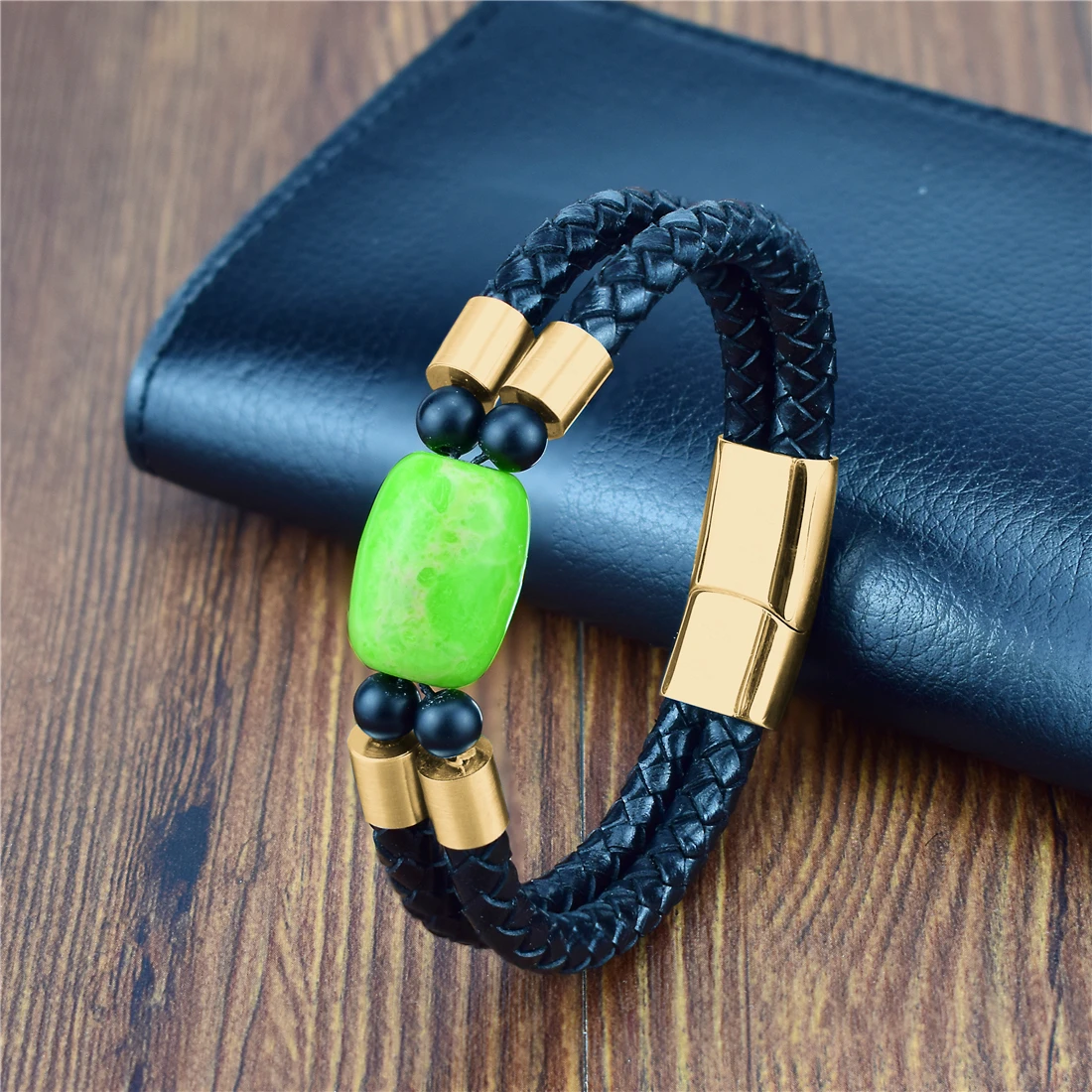 Многослойные кожаные браслеты с бусинами и цепочкой из натурального